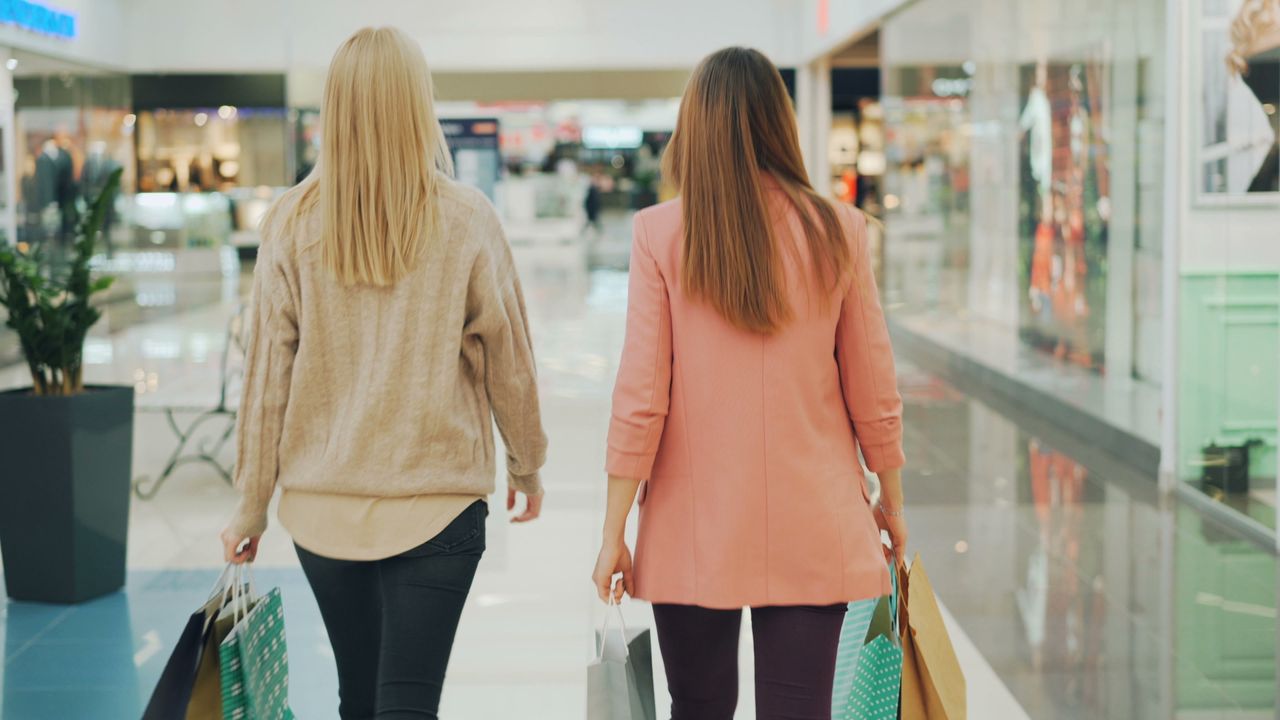 services-04 Two women walking in a mall holding shopping bags, back view.
